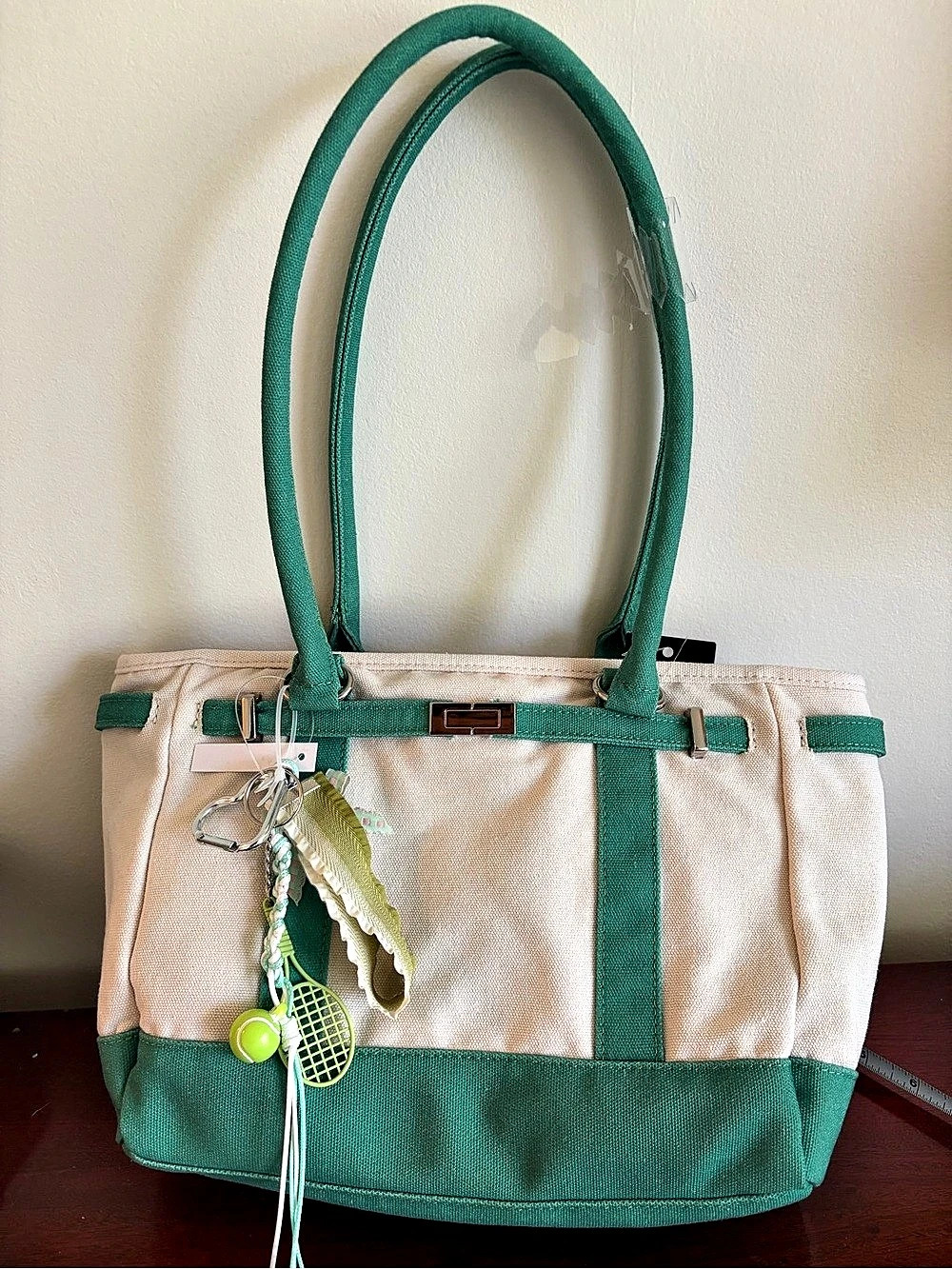 Madden Girl Preppy Canvas Midi Tote in Green & Cream NWT